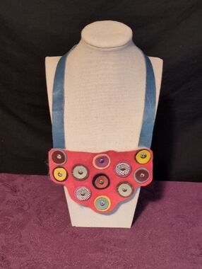 Artisan Handmade Coral Shearling Statement Necklace with Blue Leather Strap